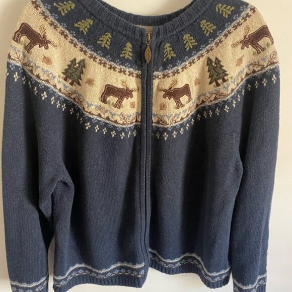 Cozy Autumn Navy Blue Moose and Tree Knit Zip Up Cardigan Sweater Grannycore - Picture 1 of 10